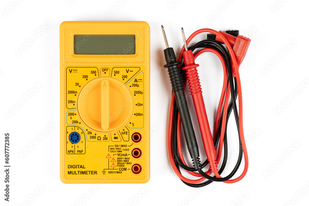 Digital multimeter with probes on a white background. Digital multimeter with probes on a white background.