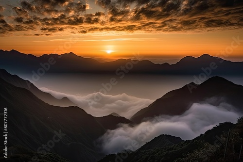 dramatic sunrise over mountain range, with clouds and mist in the air, created with generative ai © Alfazet Chronicles