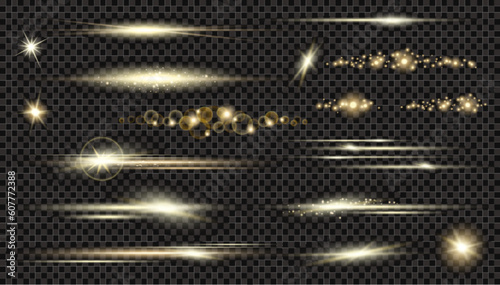 Vector circle light effect with sparkles and  horizontal les flares pack. Golden light flares and laser beams on dark background. Abstract sparkling lines and stars