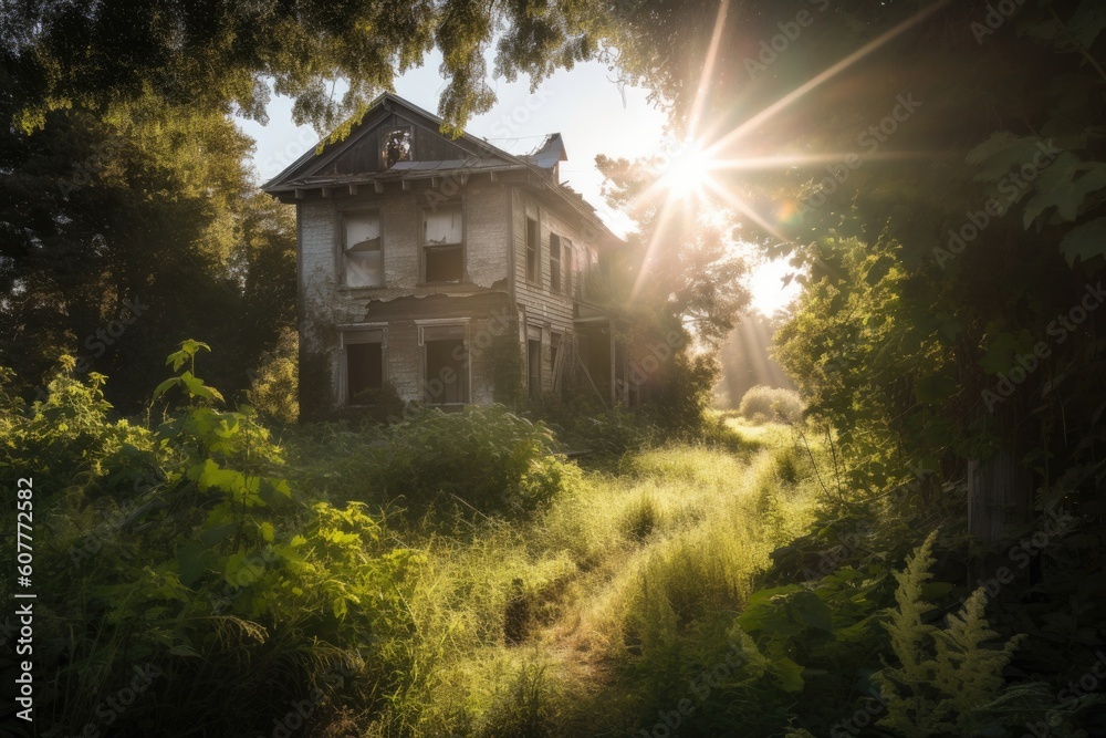 an abandoned house surrounded by overgrown grass, with sun rays peeking through the windows, created with generative ai an abandoned house surrounded by overgrown grass, with sun rays peeking through the windows, created with generative ai