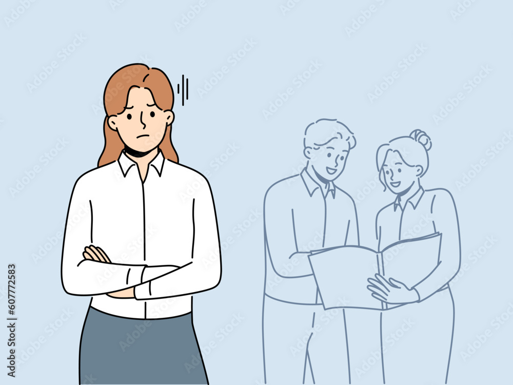 Unhappy female employee worry about colleagues talking in background. Upset angry woman worker bothered with coworkers engaged in teamwork. Vector illustration. Unhappy female employee worry about colleagues talking in background. Upset angry woman worker bothered with coworkers engaged in teamwork. Vector illustration.