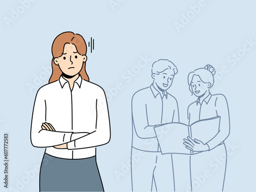 Unhappy female employee worry about colleagues talking in background. Upset angry woman worker bothered with coworkers engaged in teamwork. Vector illustration. 