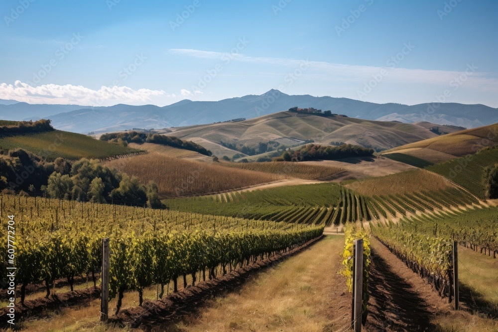 vineyard with rolling hills and mountains in the background, created with generative ai
