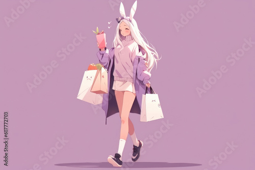 Casual Chic with Bunney Ears: Young Woman with Bunny Ears  and a lot of shopping bags Enjoys a Day of Shopping, and walks around  on Pastel Lilac Background. Generative AI photo