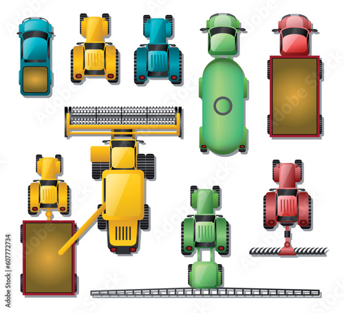 Vector set. Top view of agricultural machinery. Tractors, combines, seeders, cultivators, sprayers, harvesting, cars and trailers, grain cleaning. View from above. Farming game. Ecological agriculture