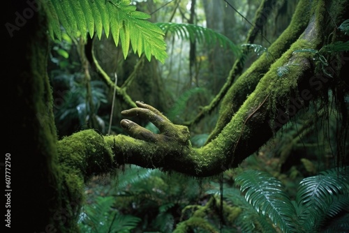close-up of alien's hand, gripping tree branch, in lush rainforest, created with generative ai