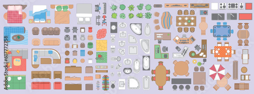 Icons set of interior and outdoor (top view). Isolated Vector Illustration. Furniture and elements for living room, bedroom, kitchen, bathroom, backyard, garden. View from above. 