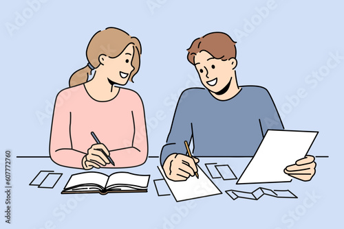 Smiling couple sit at desk managing finances. Happy man and woman take care of household budget, planning expenses. Vector illustration. 