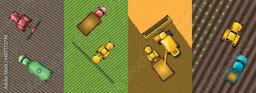 Vector set. Top view of agricultural machinery. Tractors, farm, field. Plowing the land, planting, harvesting. View from above. Ecological agriculture. Farmer game.