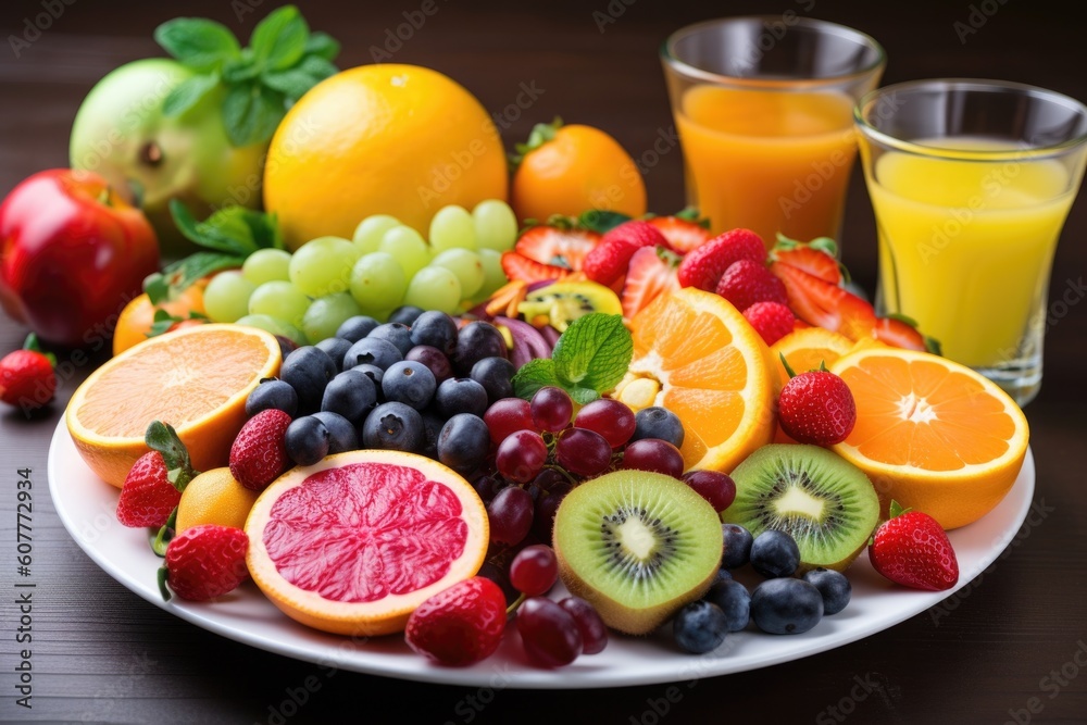 plate of colorful fruits and veggies, with a glass of juice in the background, created with generative ai plate of colorful fruits and veggies, with a glass of juice in the background, created with generative ai