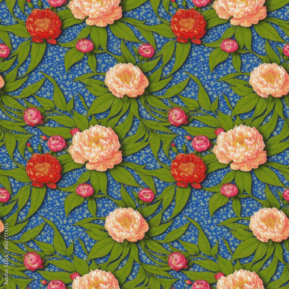 Seamless floral pattern with peony flowers, tileable, Generative AI Seamless floral pattern with peony flowers, tileable, Generative AI