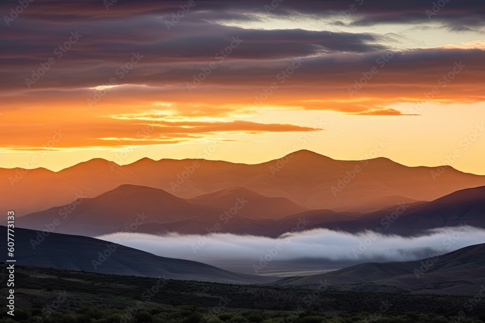 sunset over scenic mountain range, with clouds and mist in the air, created with generative ai