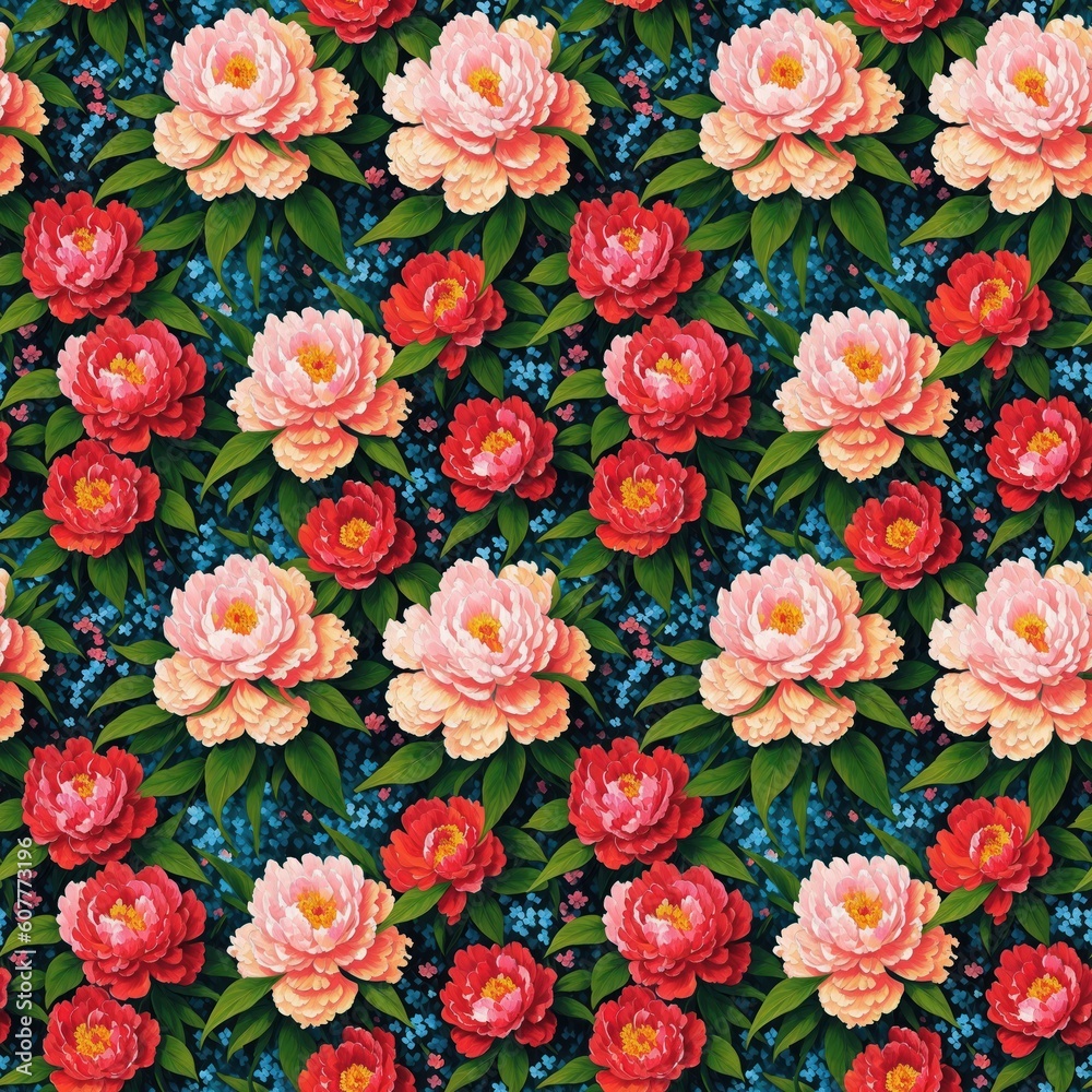Seamless floral pattern with peony flowers, tileable, Generative AI Seamless floral pattern with peony flowers, tileable, Generative AI