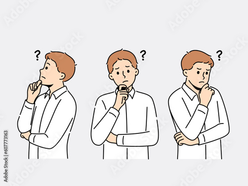 Fototapeta Naklejka Na Ścianę i Meble -  Male employee feel confused looking for problem solution or answer. Businessman frustrated brainstorm search for trouble solving idea. Vector illustration. 