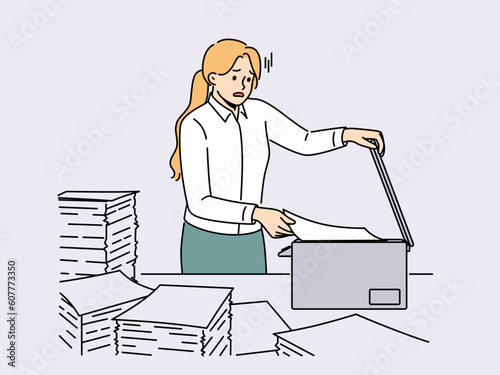 Overwhelmed female employee have problems making copies at copymachine in office. Stressed woman worker duplicate paperwork in copy machine. Vector illustration. 