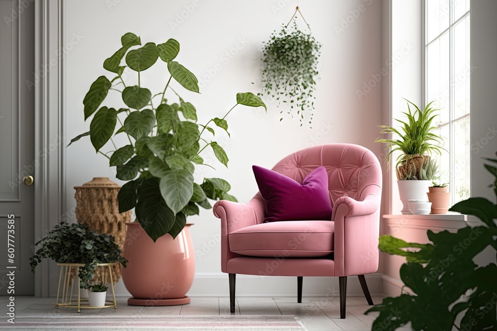 a pink armchair surrounded by plants in a room with white walls, created with generative ai