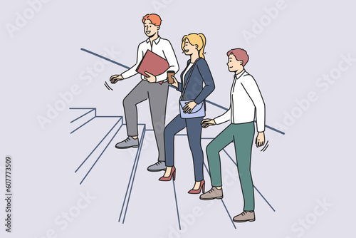 Smiling businesspeople walking stairs to office after coffee break. Happy employee going to workplace together. Teamwork and company. Vector illustration. 