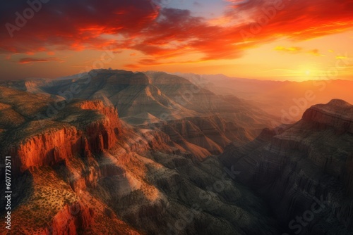 majestic mountain range, with fiery sunset highlighting the cliffs and canyons, created with generative ai