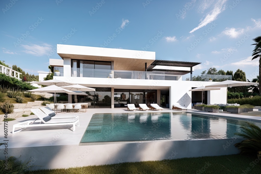 modern mediterranean house with infinity pool and outdoor lounge area, created with generative ai
