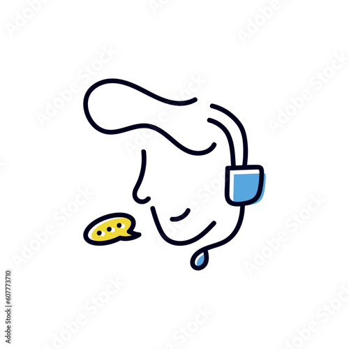 Customer service icon logo. Man wearing headset serving customer with bubble speech. Simple line art vector illustration