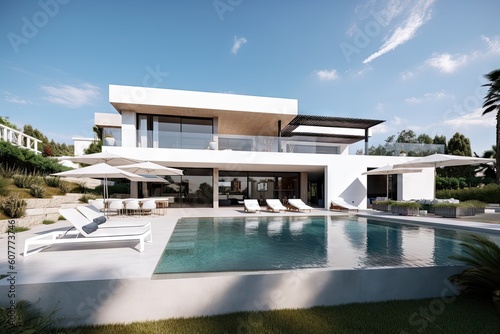 modern mediterranean house with infinity pool and outdoor lounge area, created with generative ai © Alfazet Chronicles