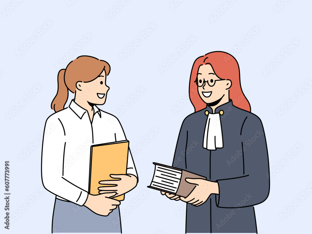 Smiling female lawyer and paralegal with folders in office. Happy woman judge with assistant holding documents in court. Vector illustration. Smiling female lawyer and paralegal with folders in office. Happy woman judge with assistant holding documents in court. Vector illustration.