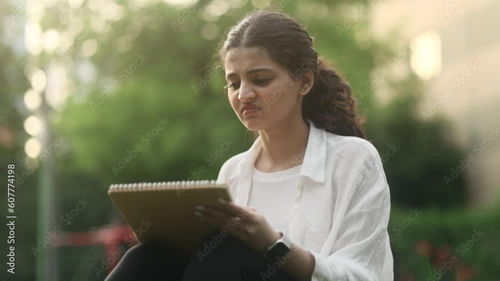 Portrait of sad young indian woman illustrator dissatisfied her drawing sketch from nature and expressively tears off a sheet of paper outdoors Lack of inspiration and creative crisis concept Portrait of sad young indian woman illustrator dissatisfied her drawing sketch from nature and expressively tears off a sheet of paper outdoors Lack of inspiration and creative crisis concept