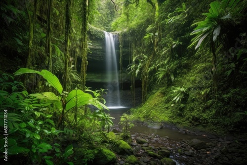 majestic waterfall cascading into lush jungle, created with generative ai