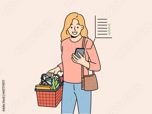 Smiling woman grocery shopping with list on cellphone. Happy female buy groceries in supermarket with planner on smartphone. Vector illustration. 