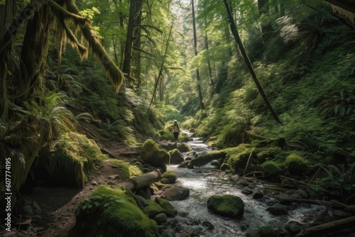 hike through dense forest, with towering trees and clear streams, created with generative ai