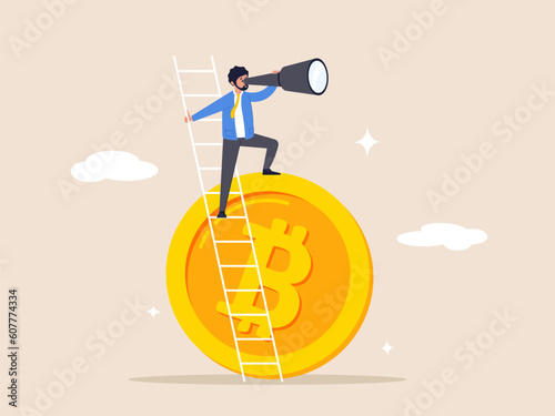 Cryptocurrency investment concept. Vision to discover high profit bitcoin or crypto coin, future growth or best performance token, businessman with telescope climb up crypto coin to see opportunity.