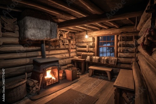 cozy cabin with roaring fireplace and stack of firewood on a cold winter night, created with generative ai © Alfazet Chronicles
