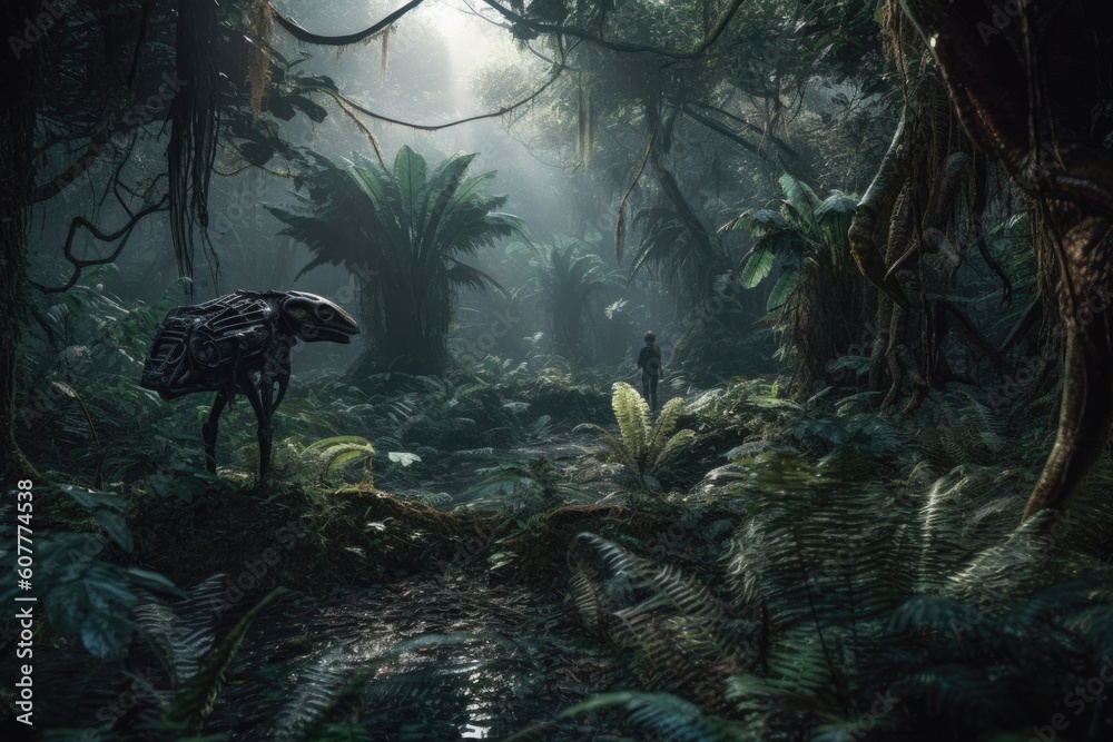 alien, roaming through dense jungle, observing myriad plant and animal species, created with generative ai
