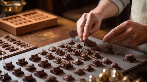 A fictional person. Skilled Chocolatier Creating Delicate Chocolate Bonbons with Chocolate Mold photo
