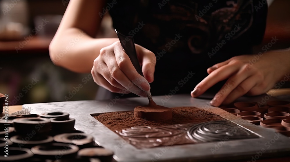 A fictional person. Chocolatier Dusting Powdered Cocoa on Freshly Made Chocolate Desserts A fictional person. Chocolatier Dusting Powdered Cocoa on Freshly Made Chocolate Desserts