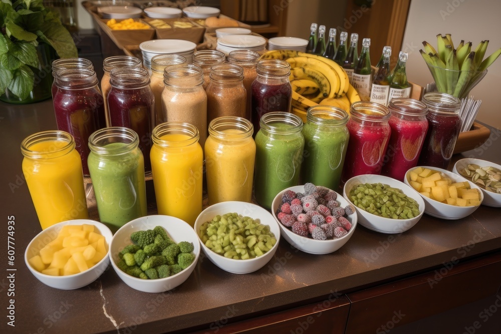 smoothie bar, with selection of ingredients and mix-ins for guests to customize their drinks, created with generative ai smoothie bar, with selection of ingredients and mix-ins for guests to customize their drinks, created with generative ai