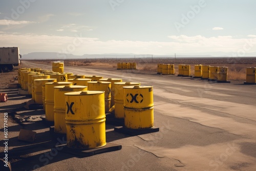 nuclear waste disposal site, with barrels of radioactive material lined up in the background, created with generative ai