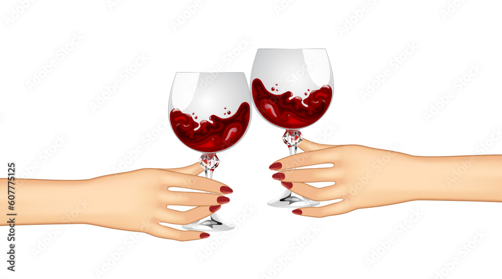 Hands holding a glasses with red wine. Friends raising a toast with ...