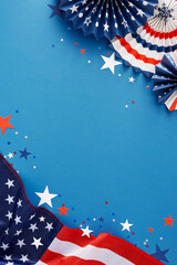 4th of July celebration concept. Top view flat lay of american flag, patriotic folding fans, star-shaped confetti on blue background with empty space for text or ads