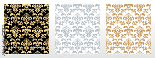 Wallpapers in the style of Baroque. Seamless vector backgrounds. Set of colored floral ornaments. Graphic patterns for fabric, wallpaper, packaging. Ornate Damask flower ornaments