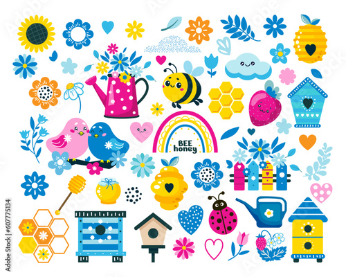 A large bright collection of summer and spring elements. Vector seasonal pictures of birds, bees, flowers, branches, leaves and other elements