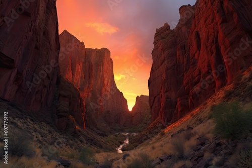 fiery sunset, with the sun dipping behind canyon walls, casting warm glow on towering cliffs, created with generative ai © Alfazet Chronicles