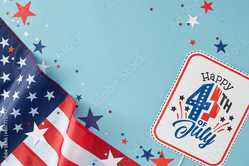 Fourth of July celebration theme for a party. Top view flat lay of national flag, paper party prop, patriotic confetti on pastel blue background with empty space for text or advert