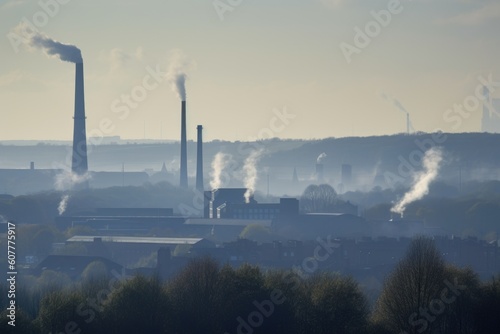 air pollution from factory chimney stacks, viewed from a distance, created with generative ai