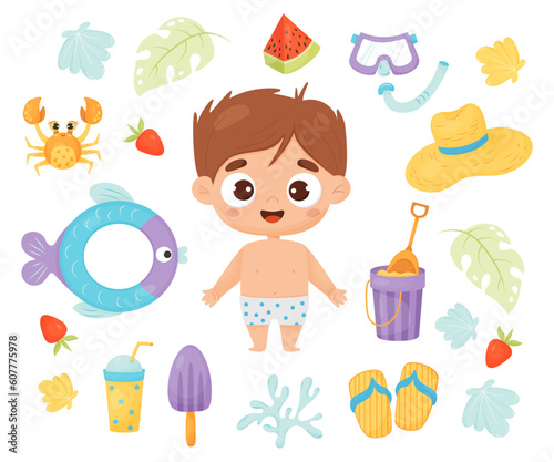 Kid summer time. Happy boy beachgoer with beach accessories, rubber circle, ice cream, cocktail, watermelon, sand bucket, straw hat, crab and shells. Isolated vector illustration in cartoon style.