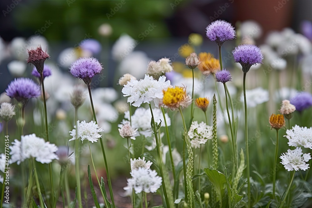 close-up of delicate garden flowers, with blurred background, created with generative ai close-up of delicate garden flowers, with blurred background, created with generative ai