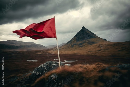 peak with red flag blowing in the wind, with view of scenic landscape, created with generative ai