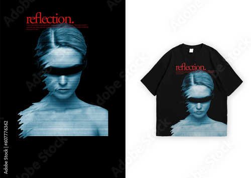 streetwear black t-shirt design with typography and woman with glasses
