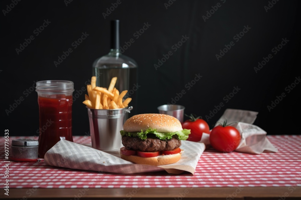 classic burger and fries, accompanied by soft drink or milkshake, on checkered tablecloth, created with generative ai classic burger and fries, accompanied by soft drink or milkshake, on checkered tablecloth, created with generative ai