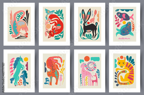 Animal animals surreal fauna wall art print. Printable minimal abstract animals poster. Contemporary decorative background with fauna. Wall artwork for interior design. Set, collection.